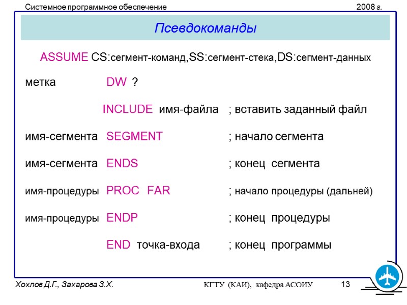 Псевдокоманды  ASSUME CS:сегмент-команд,SS:сегмент-стека,DS:сегмент-данных метка    DW  ?   